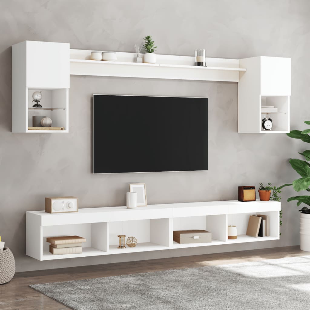 Sieninė TV sekcija su LED, 6 dalių, balta, apdirbta mediena