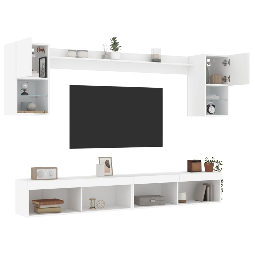 Sieninė TV sekcija su LED, 6 dalių, balta, apdirbta mediena