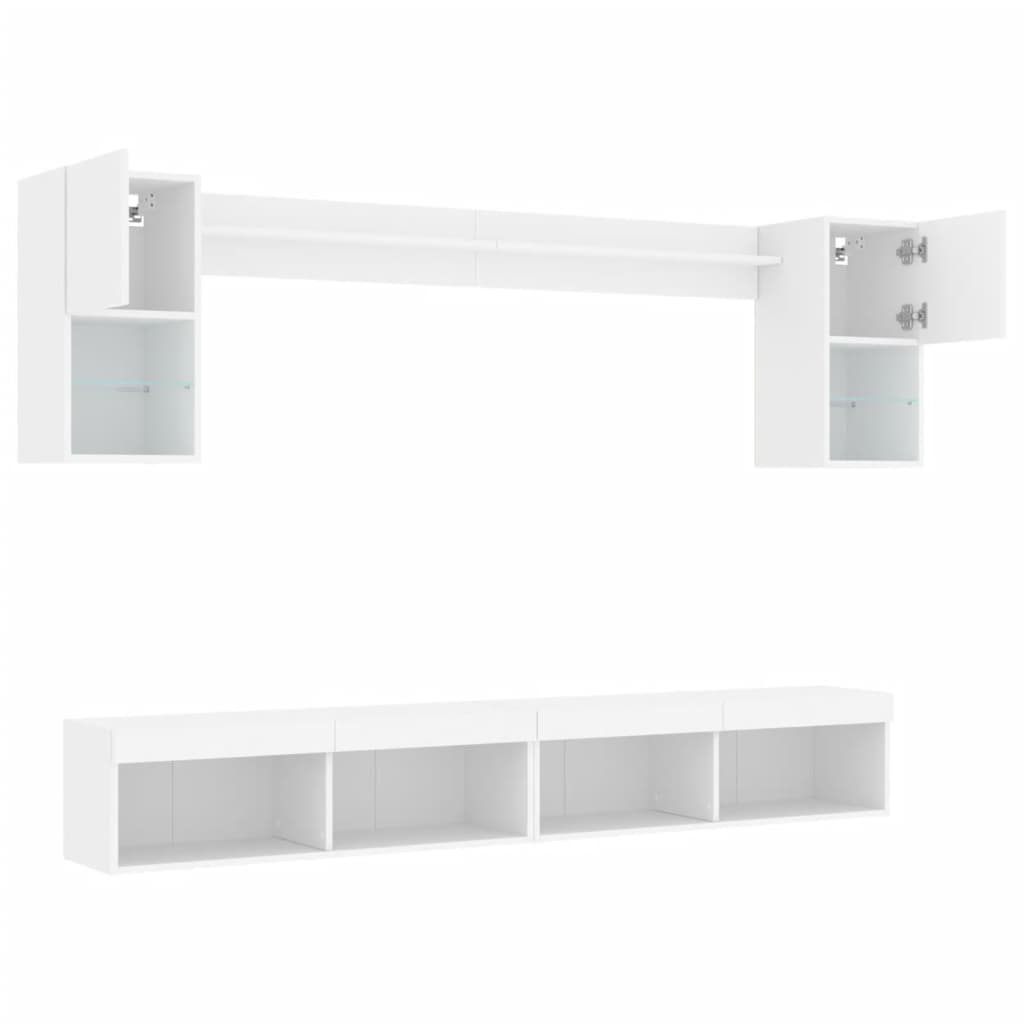 Sieninė TV sekcija su LED, 6 dalių, balta, apdirbta mediena