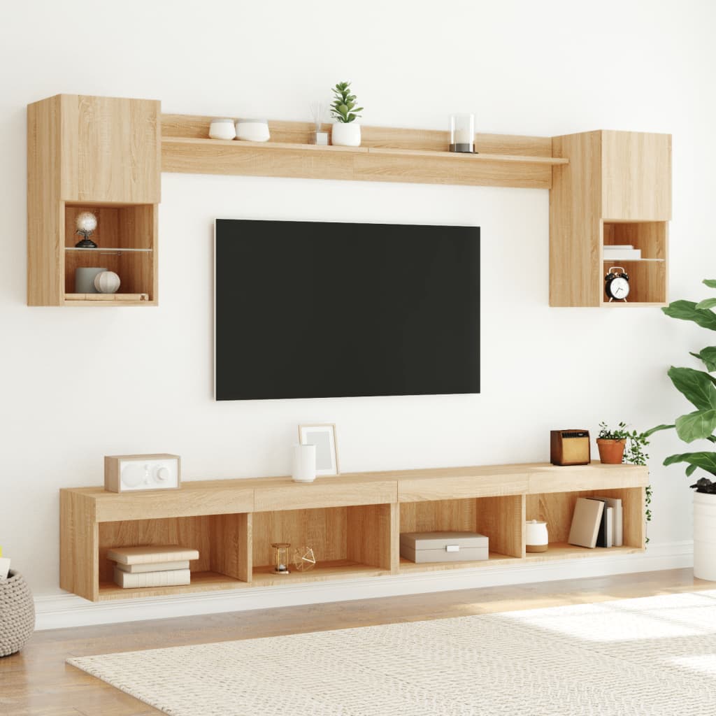 Sienas TV mēbeļu komplekts ar LED apgaismojumu, 6 daļas, ozolkoka apdare, inženierijas koksne