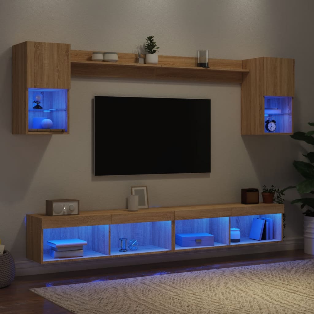 Sienas TV mēbeļu komplekts ar LED apgaismojumu, 6 daļas, ozolkoka apdare, inženierijas koksne