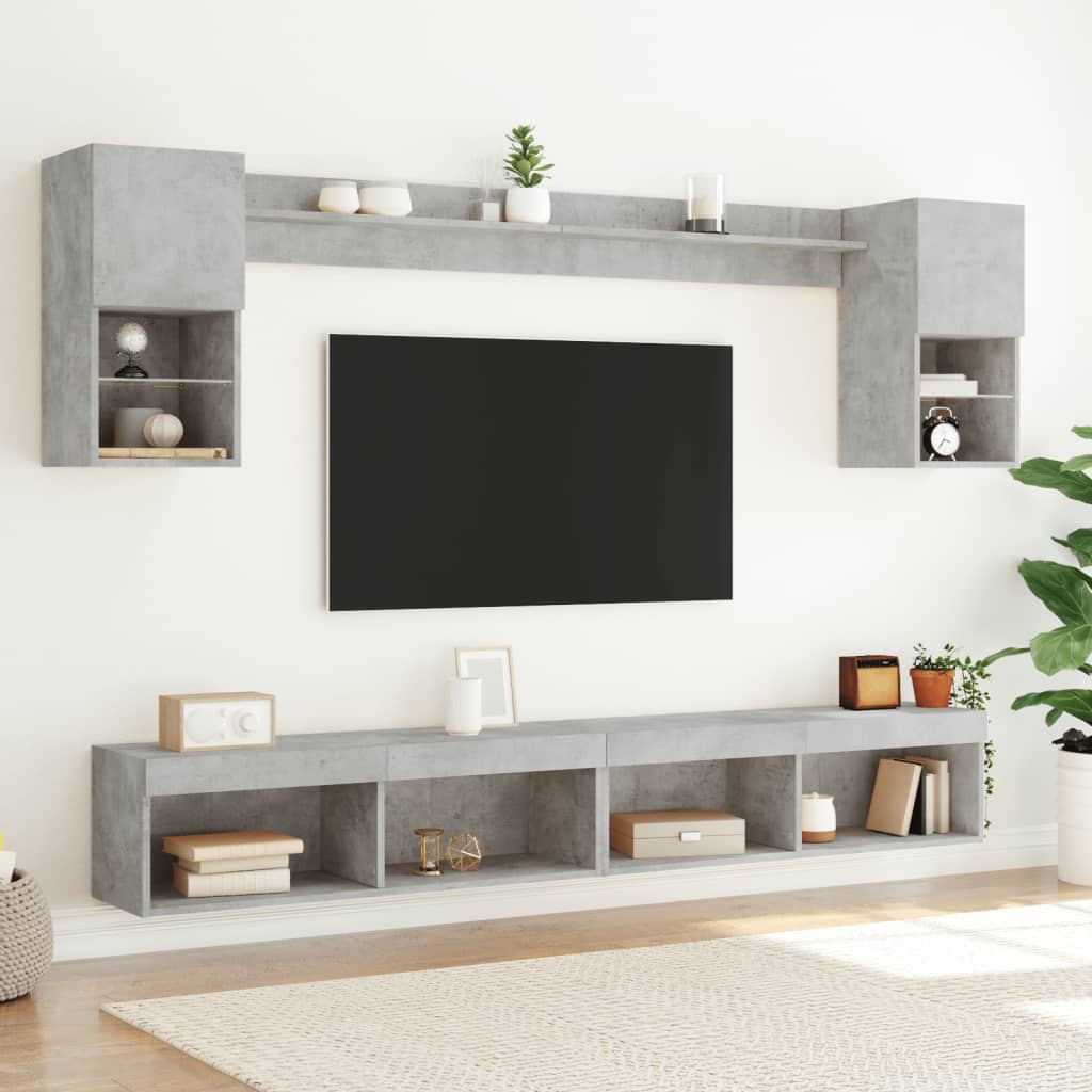Sieninė TV sekcija su LED, 6 dalių, betono, apdirbta mediena
