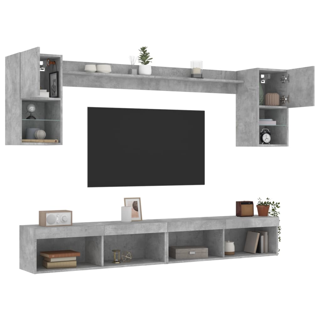 Sieninė TV sekcija su LED, 6 dalių, betono, apdirbta mediena