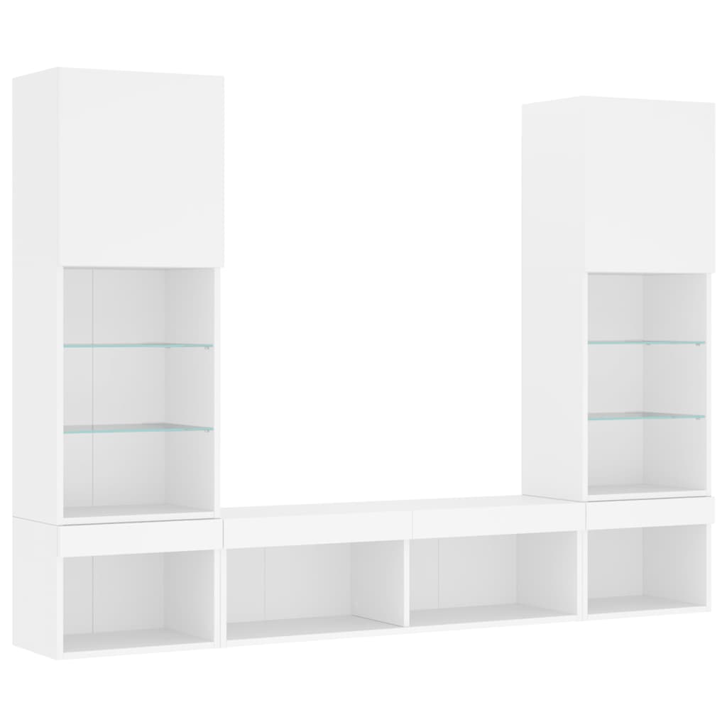 Wall-mounted TV cabinet with LED lights, 5-piece, white, engineered wood