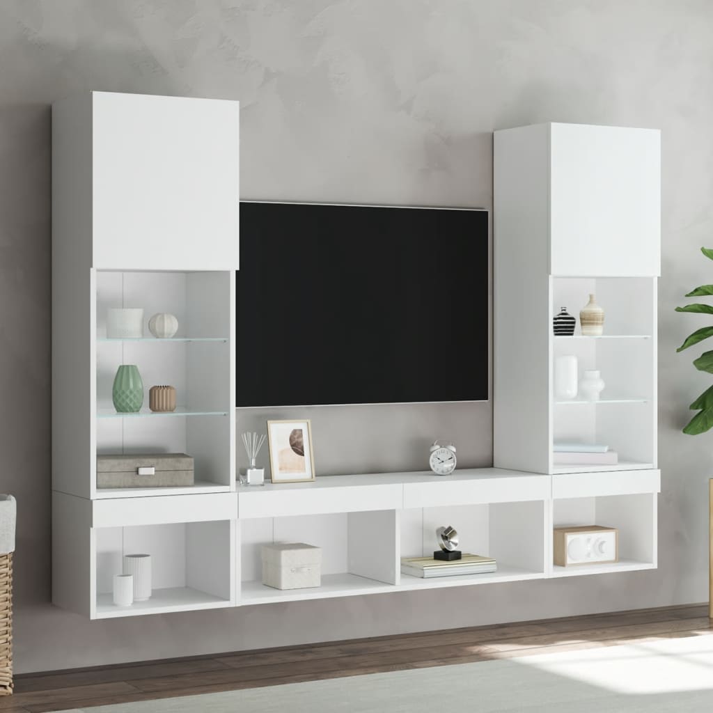 Wall-mounted TV cabinet with LED lights, 5-piece, white, engineered wood