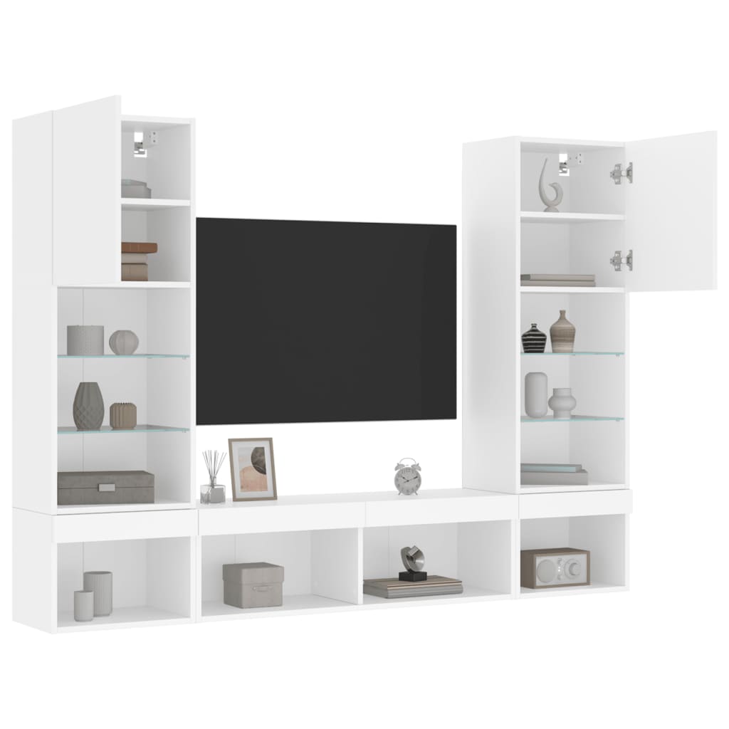 Wall-mounted TV cabinet with LED lights, 5-piece, white, engineered wood