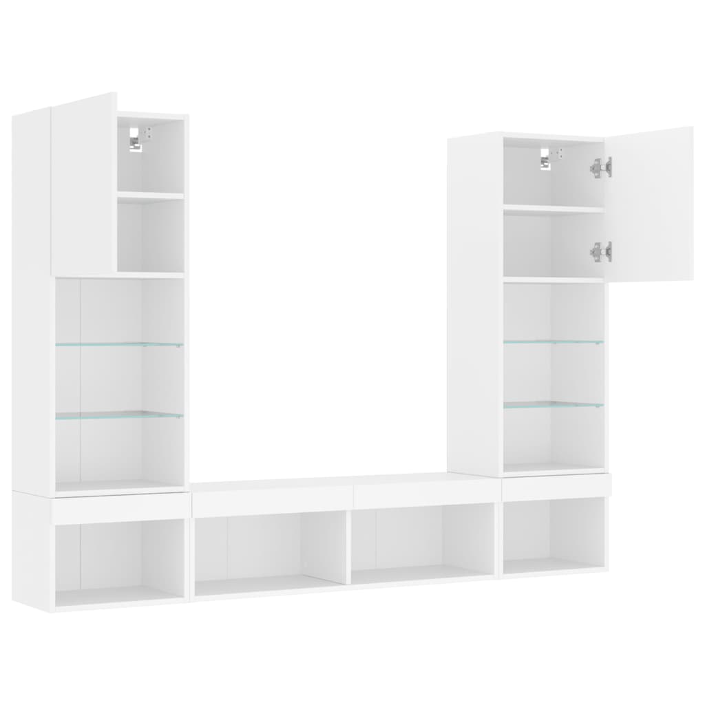 Wall-mounted TV cabinet with LED lights, 5-piece, white, engineered wood