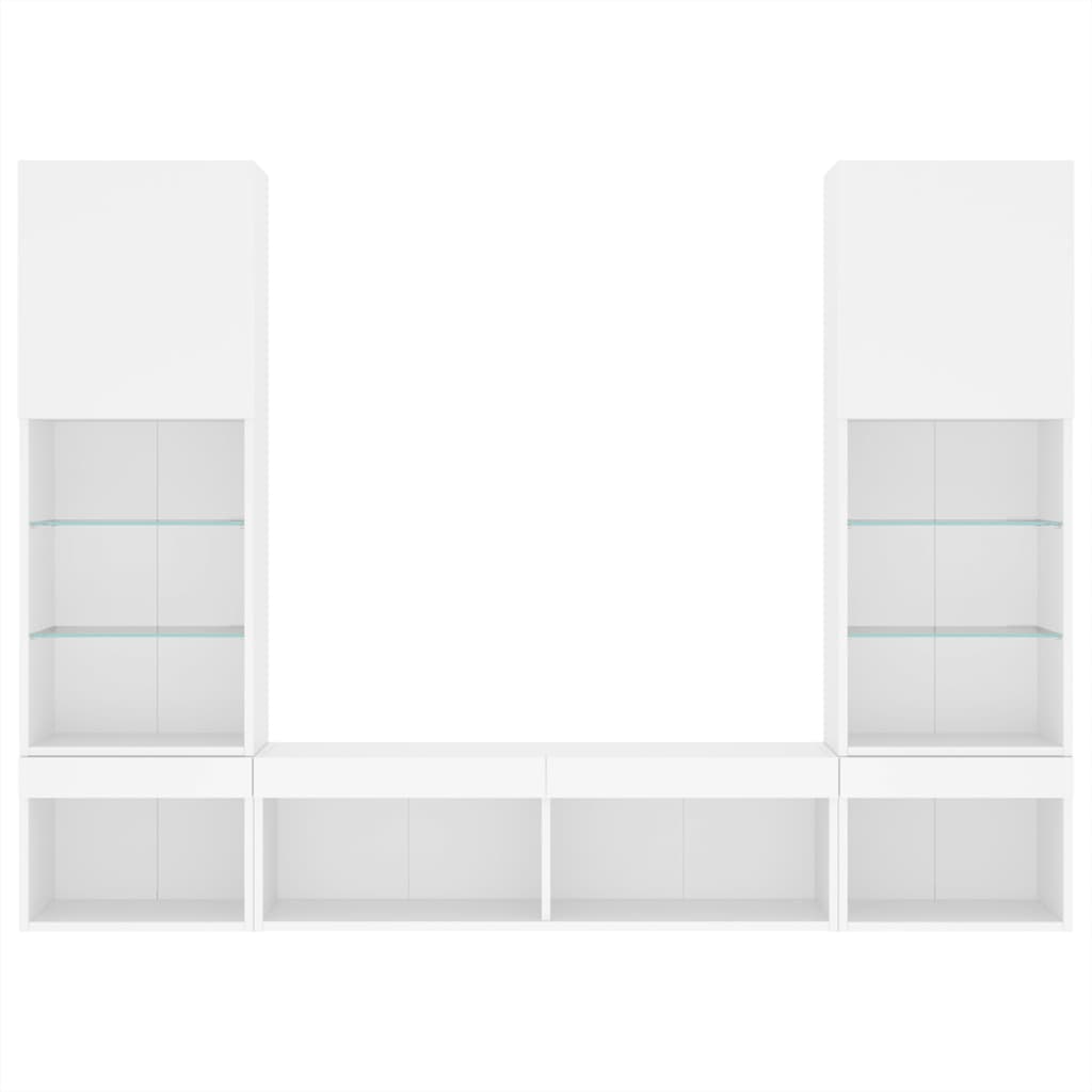 Wall-mounted TV cabinet with LED lights, 5-piece, white, engineered wood