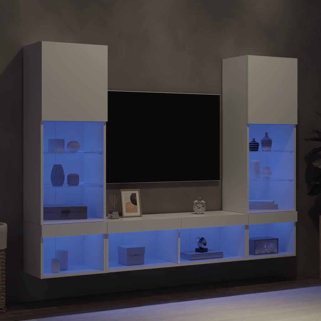 Wall-mounted TV cabinet with LED lights, 5-piece, white, engineered wood