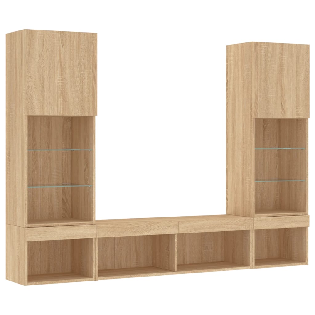 Wall-mounted TV Unit with LED Lights 5-Piece Oak Engineered Wood