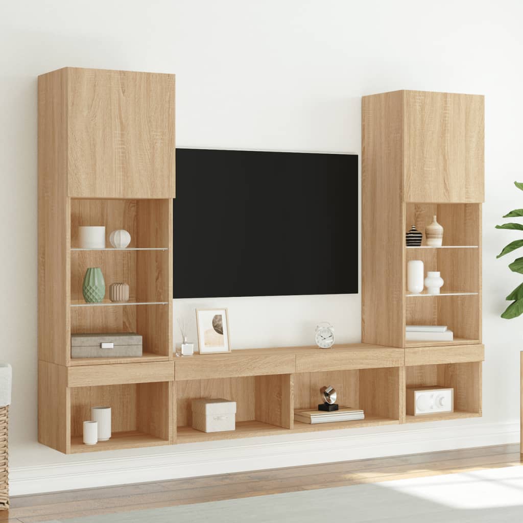 Wall-mounted TV Unit with LED Lights 5-Piece Oak Engineered Wood