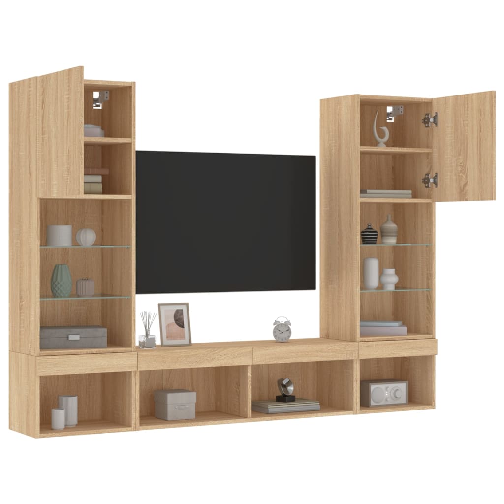 Wall-mounted TV Unit with LED Lights 5-Piece Oak Engineered Wood