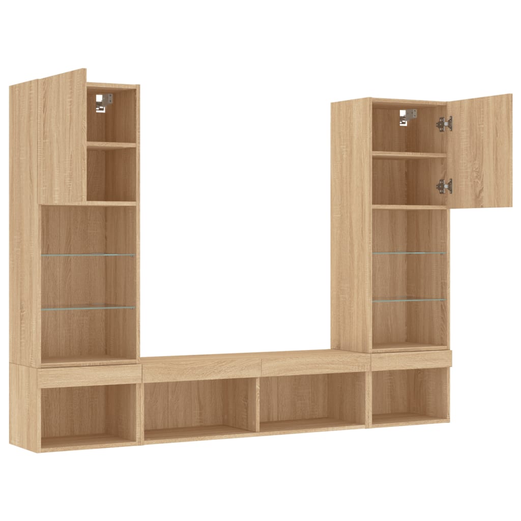 Wall-mounted TV Unit with LED Lights 5-Piece Oak Engineered Wood