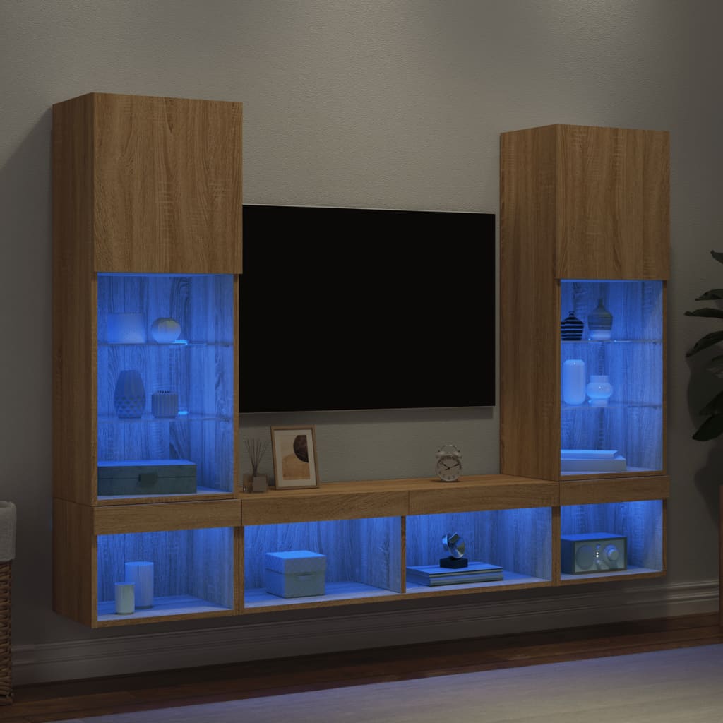 Wall-mounted TV Unit with LED Lights 5-Piece Oak Engineered Wood