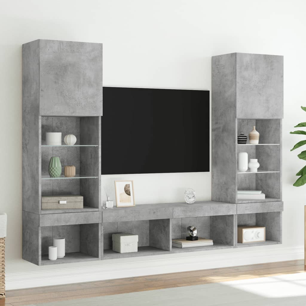 Sieninė TV sekcija su LED, 5 dalių, betono, apdirbta mediena