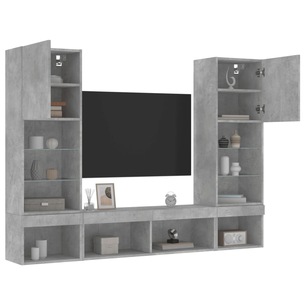 Sieninė TV sekcija su LED, 5 dalių, betono, apdirbta mediena