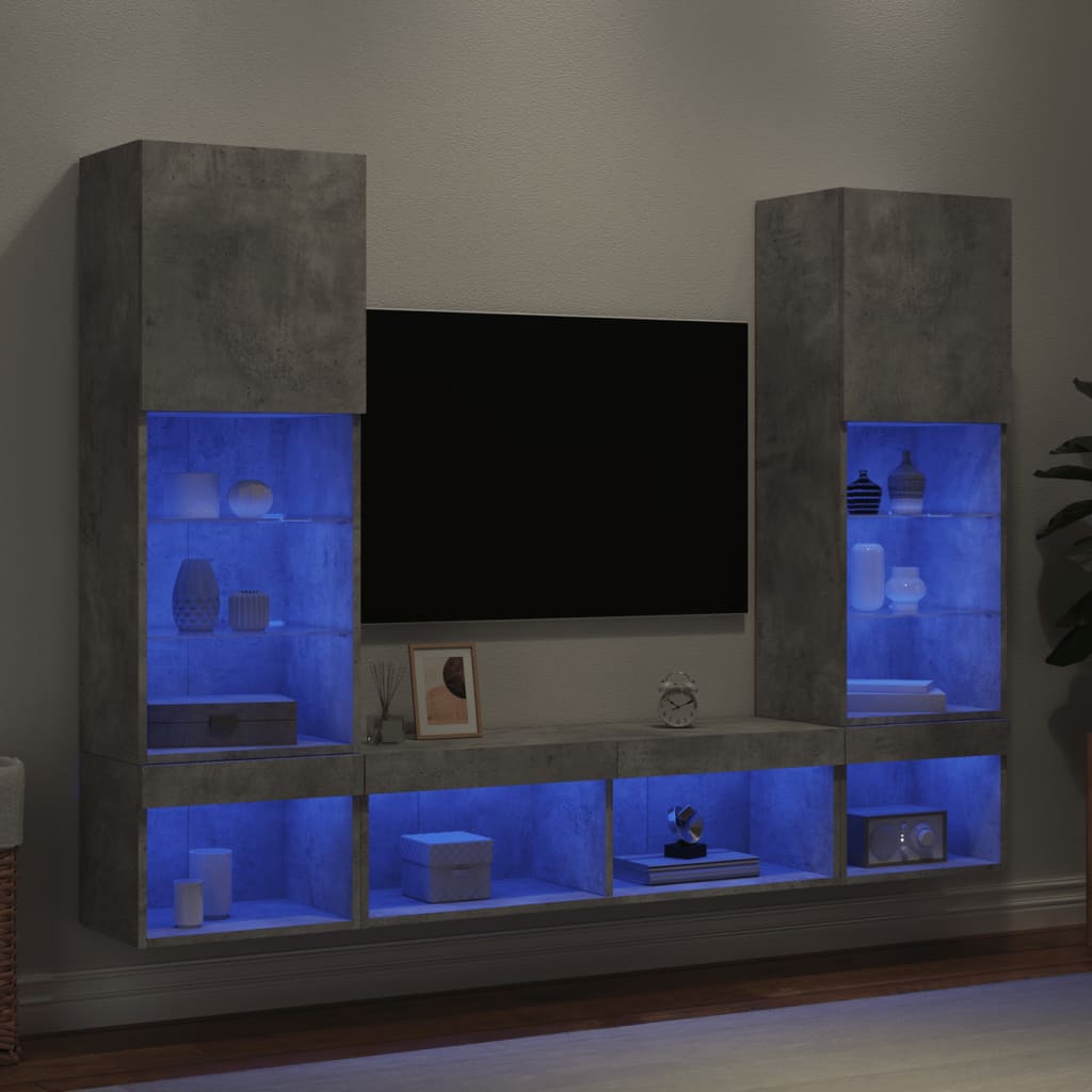 Sieninė TV sekcija su LED, 5 dalių, betono, apdirbta mediena