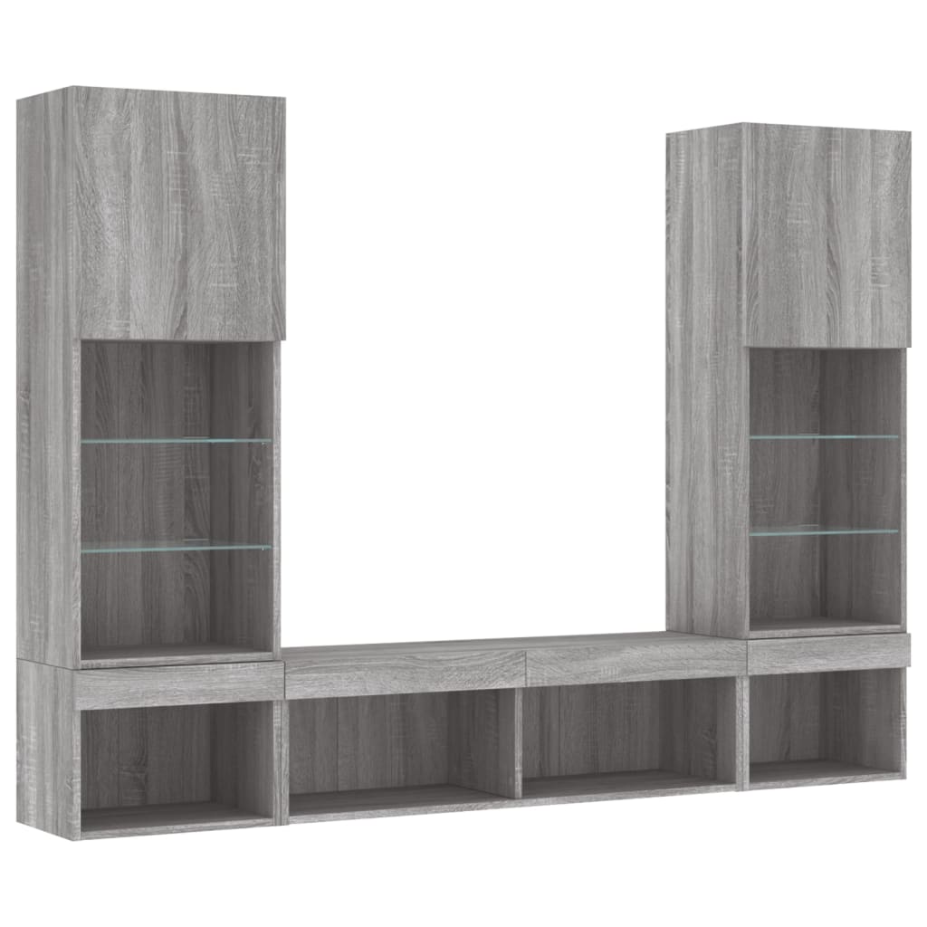 Sieninė TV sekcija su LED, 5 dalių, pilka ąžuolo, mediena