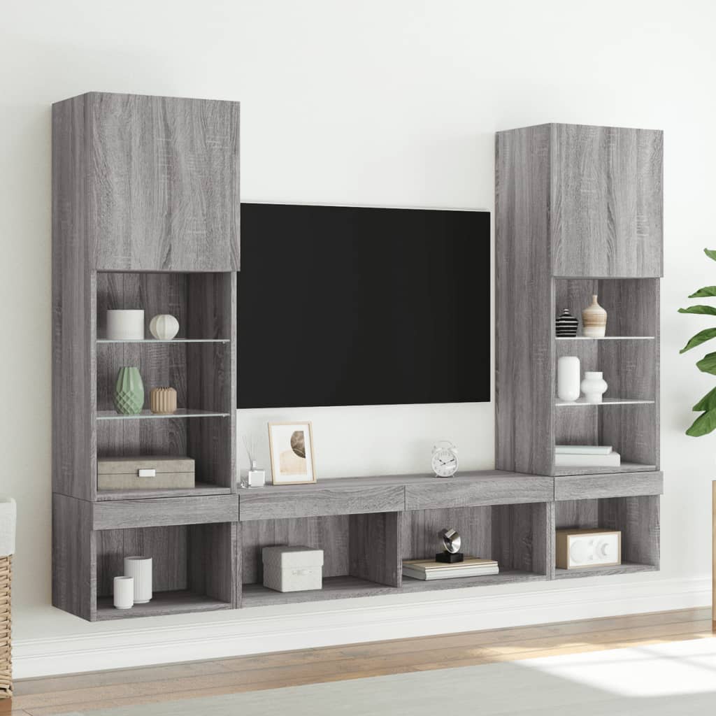 Sieninė TV sekcija su LED, 5 dalių, pilka ąžuolo, mediena