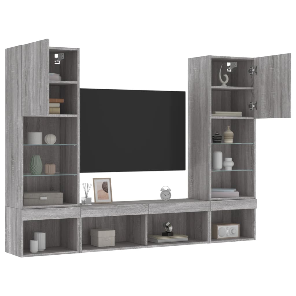 Sieninė TV sekcija su LED, 5 dalių, pilka ąžuolo, mediena