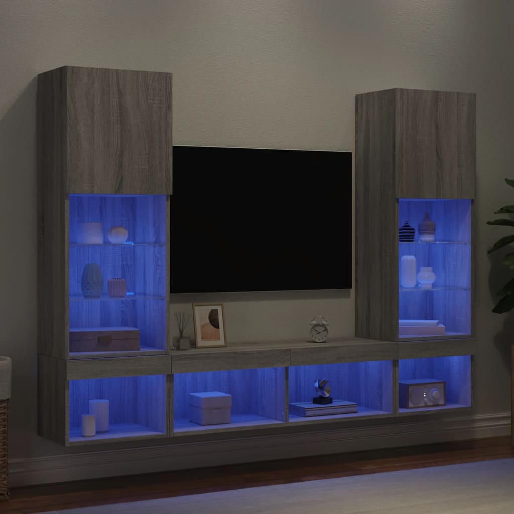 Sieninė TV sekcija su LED, 5 dalių, pilka ąžuolo, mediena