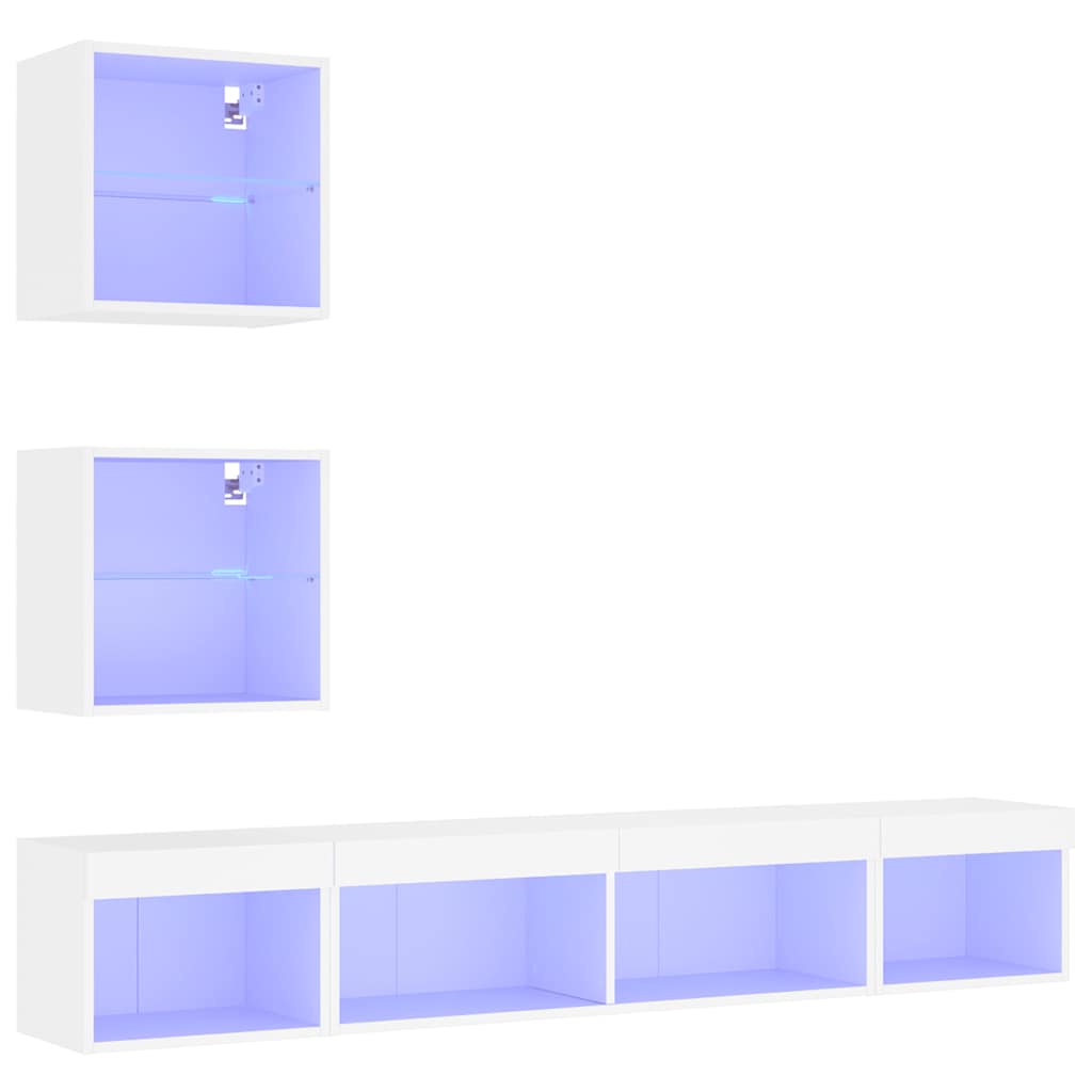 Wall-mounted TV cabinet with LED lights, 5-piece, white, engineered wood
