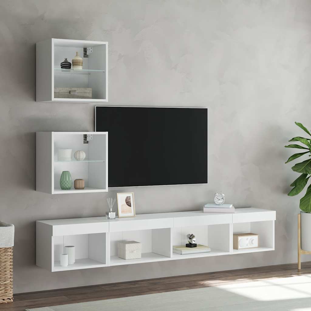 Wall-mounted TV cabinet with LED lights, 5-piece, white, engineered wood
