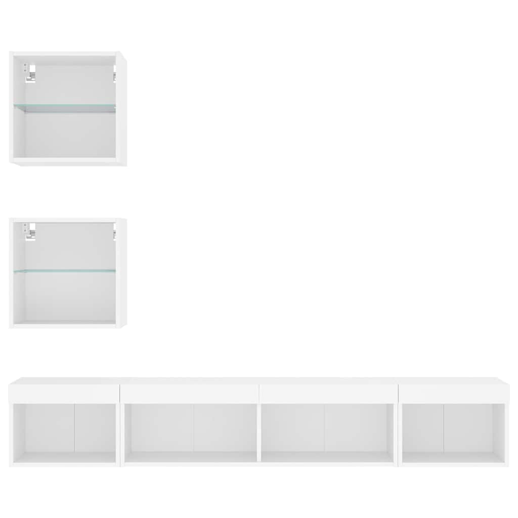 Wall-mounted TV cabinet with LED lights, 5-piece, white, engineered wood