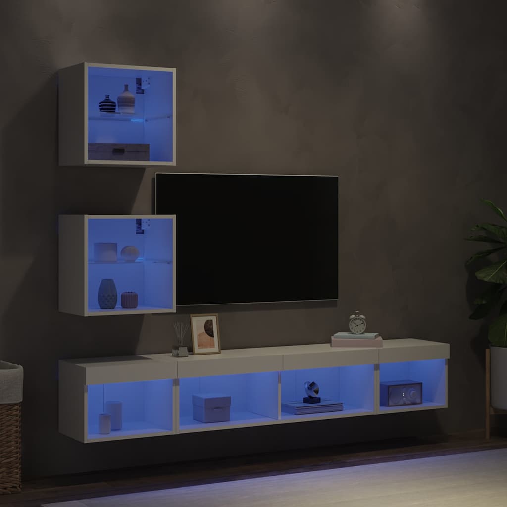 Wall-mounted TV cabinet with LED lights, 5-piece, white, engineered wood