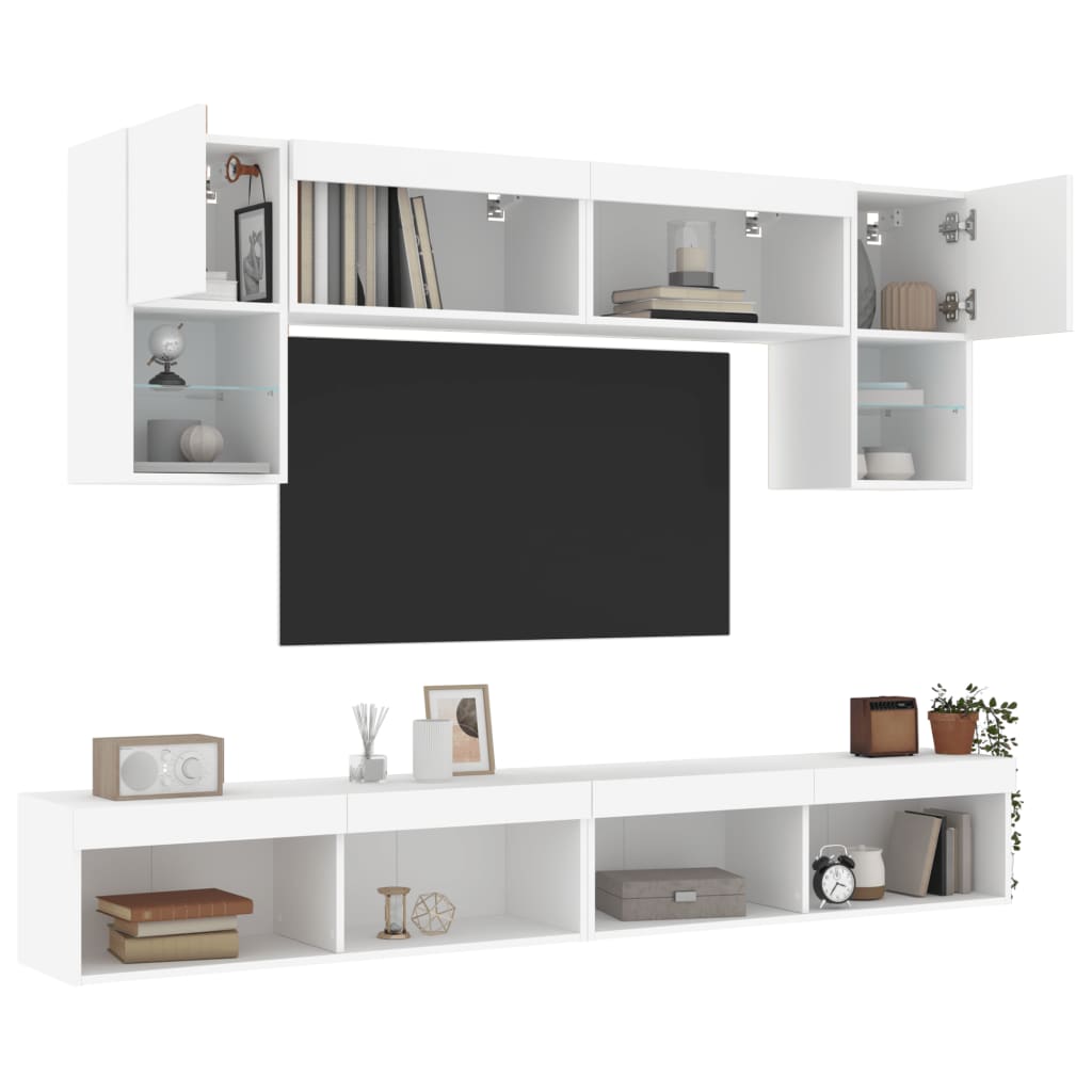 Sieninė TV sekcija su LED, 6 dalių, balta, apdirbta mediena