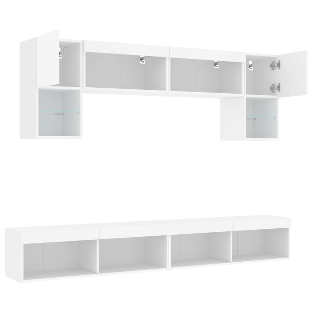 Sieninė TV sekcija su LED, 6 dalių, balta, apdirbta mediena