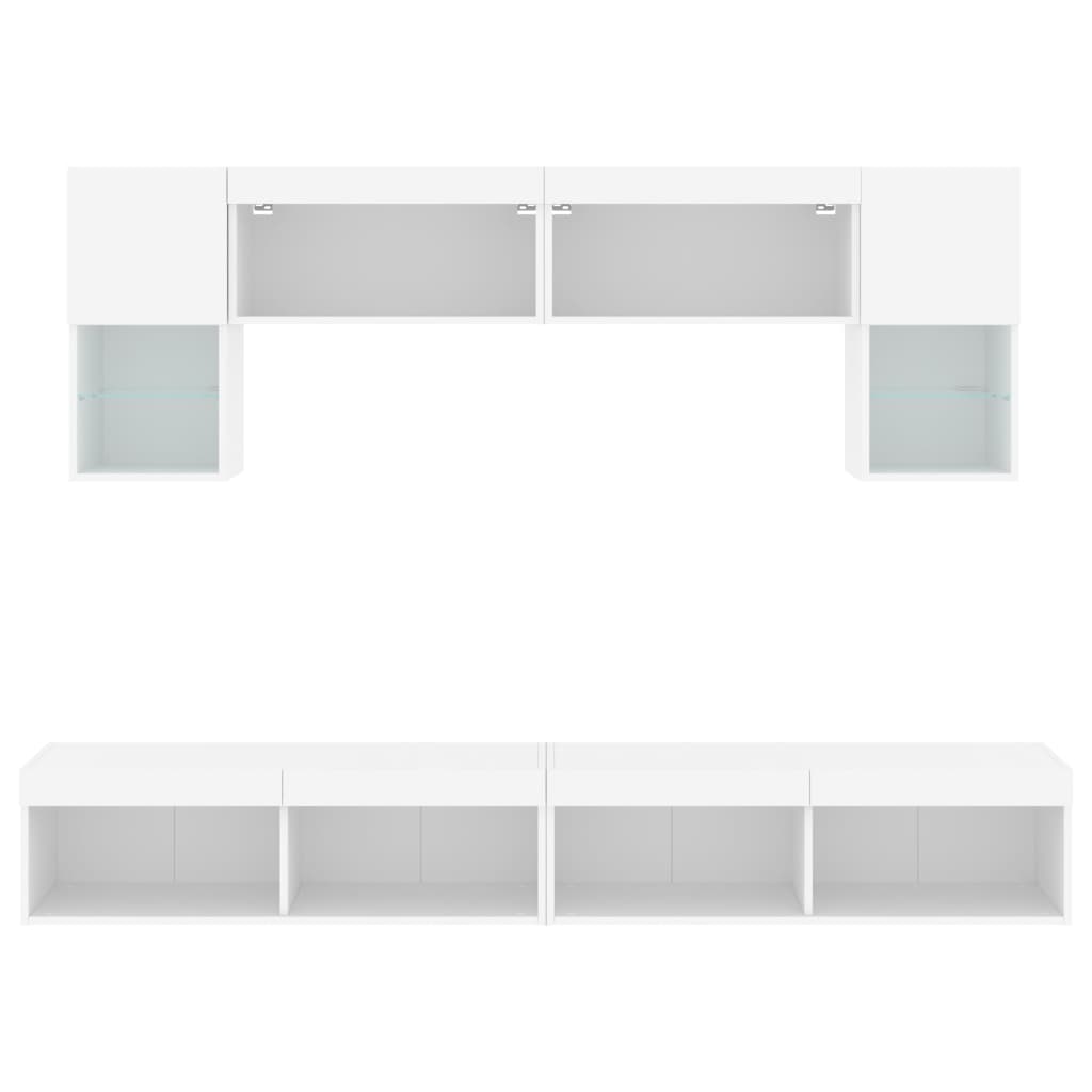 Sieninė TV sekcija su LED, 6 dalių, balta, apdirbta mediena