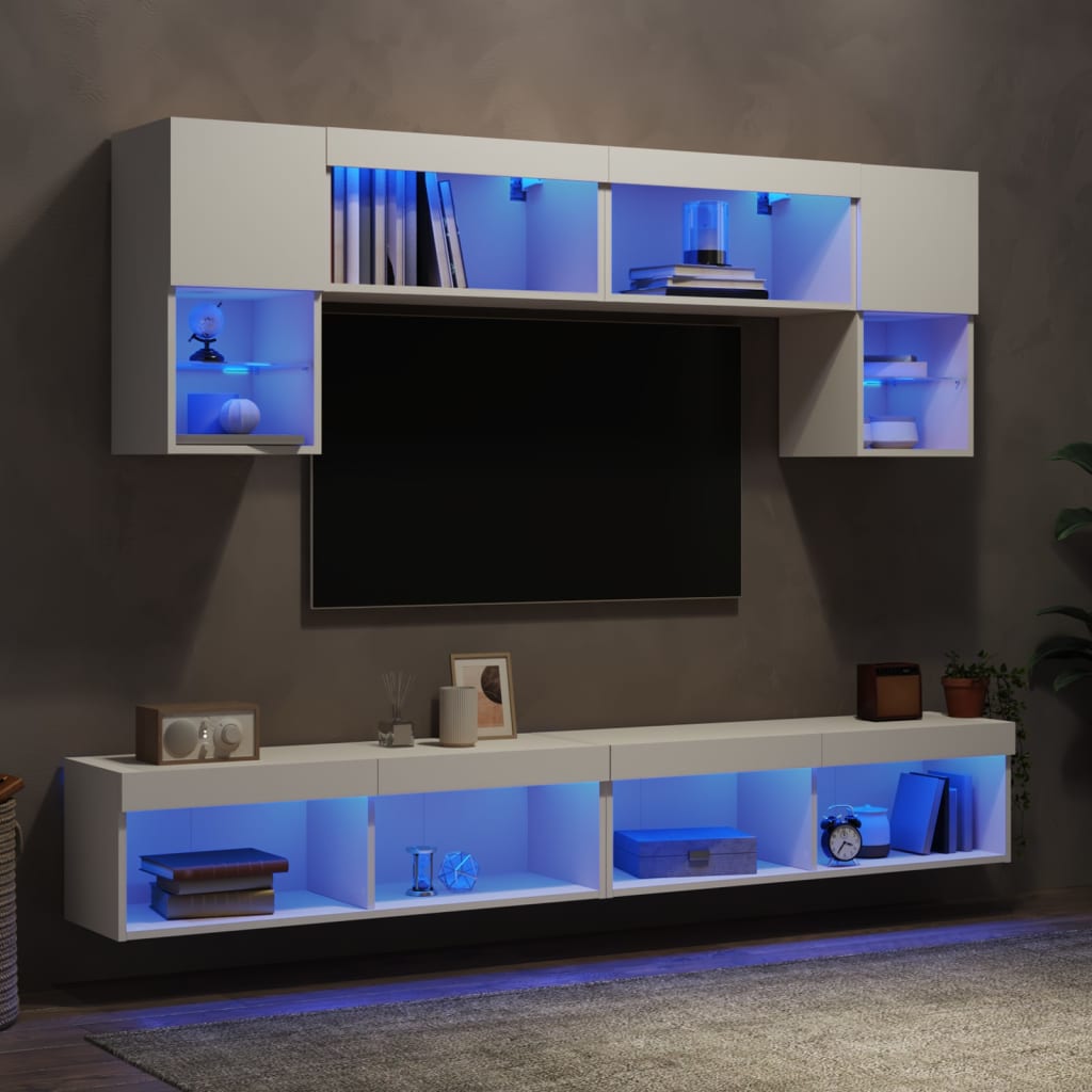 Sieninė TV sekcija su LED, 6 dalių, balta, apdirbta mediena