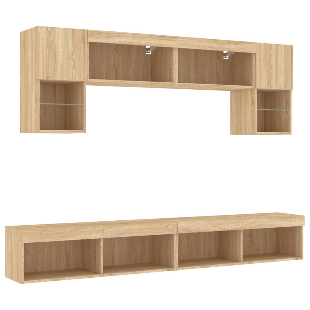 Sieninė TV sekcija su LED, 6 dalių, ąžuolo, apdirbta mediena