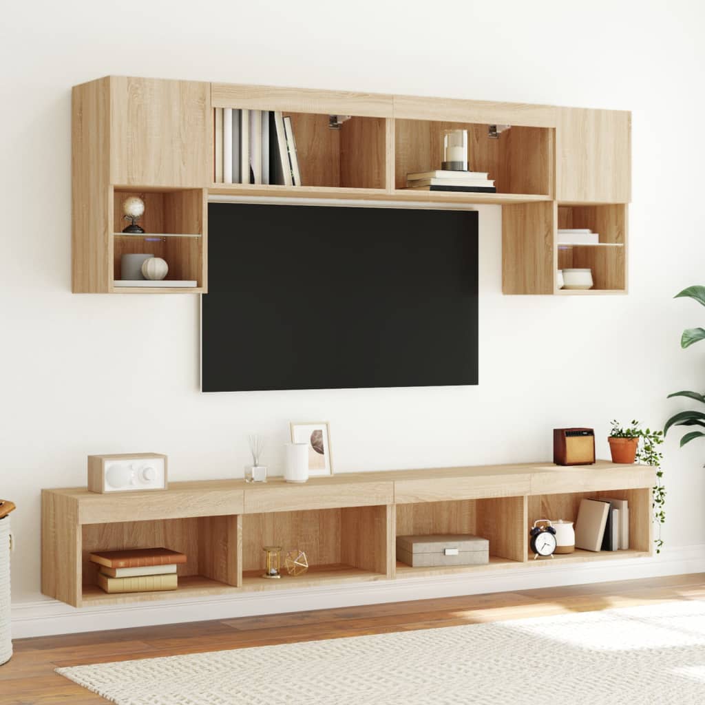Sieninė TV sekcija su LED, 6 dalių, ąžuolo, apdirbta mediena