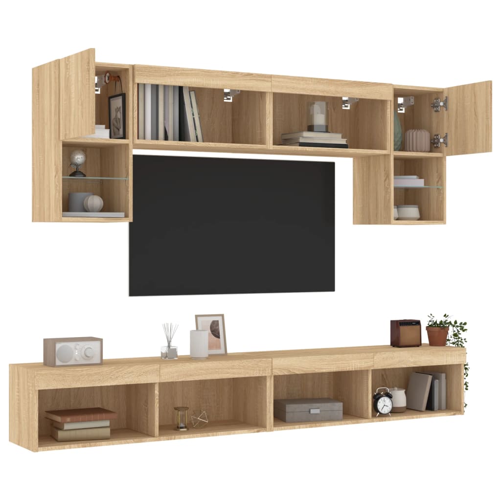 Sieninė TV sekcija su LED, 6 dalių, ąžuolo, apdirbta mediena