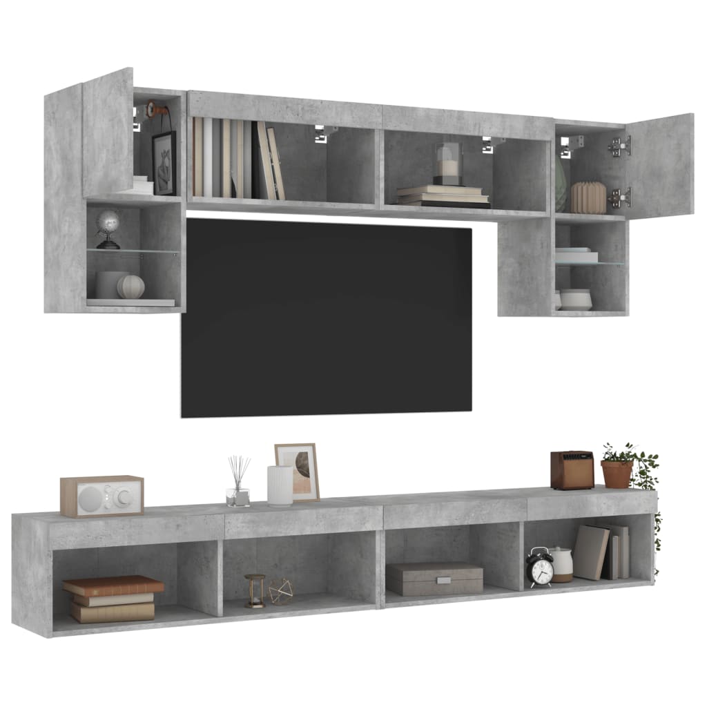 Sieninė TV sekcija su LED, 6 dalių, betono, apdirbta mediena