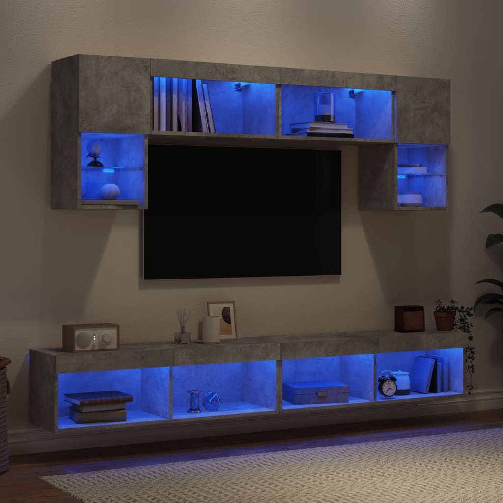 Sieninė TV sekcija su LED, 6 dalių, betono, apdirbta mediena