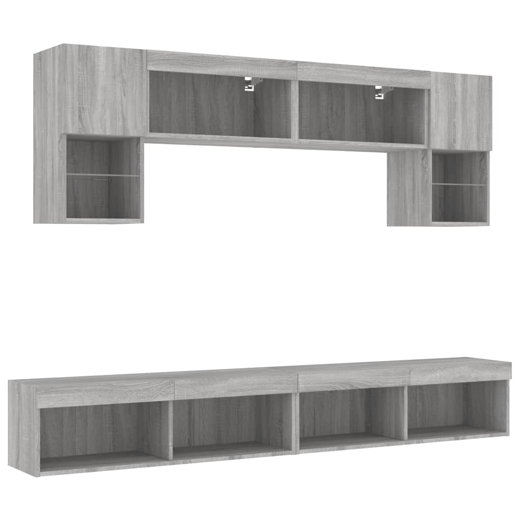 Sieninė TV sekcija su LED, 6 dalių, pilka ąžuolo, mediena
