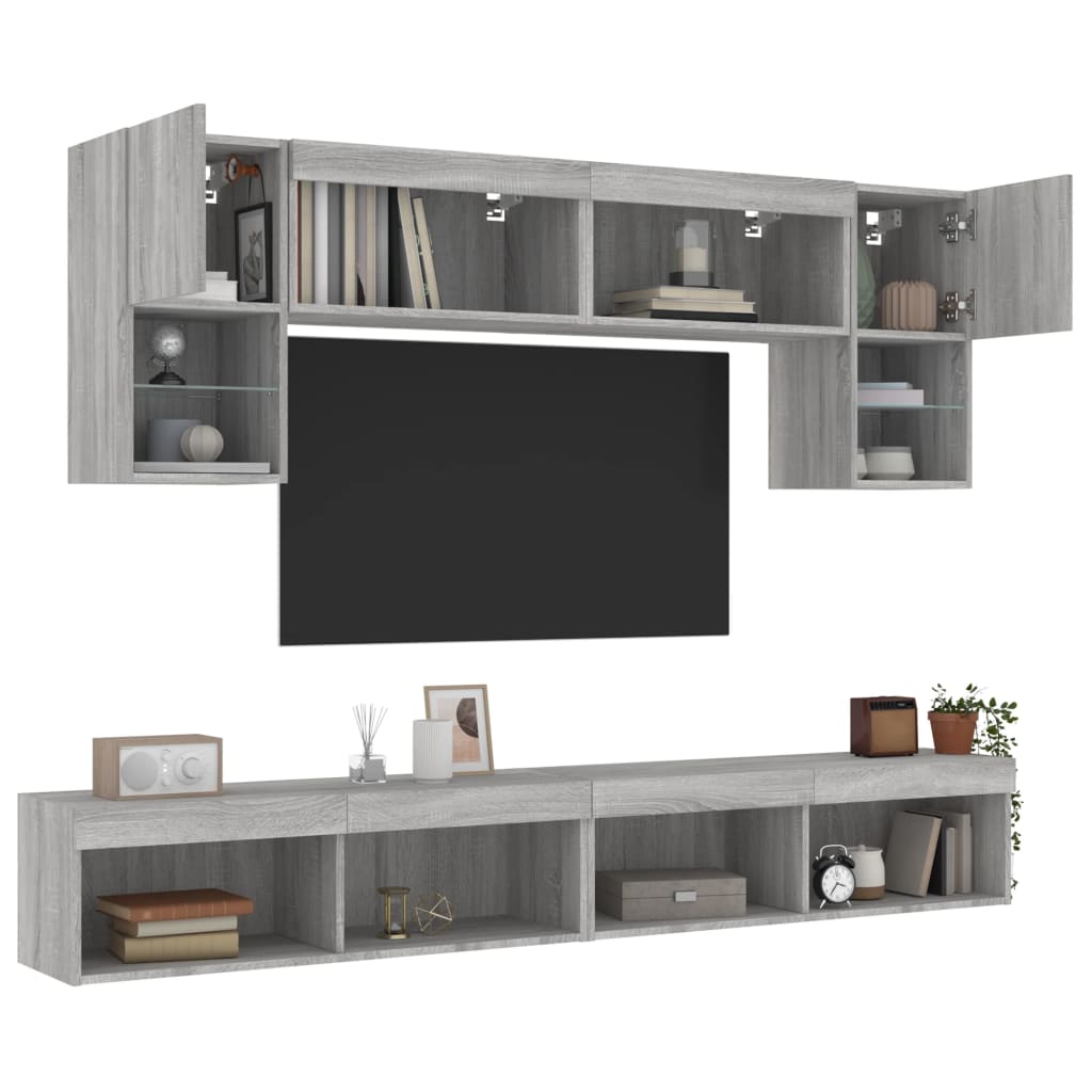 Sieninė TV sekcija su LED, 6 dalių, pilka ąžuolo, mediena