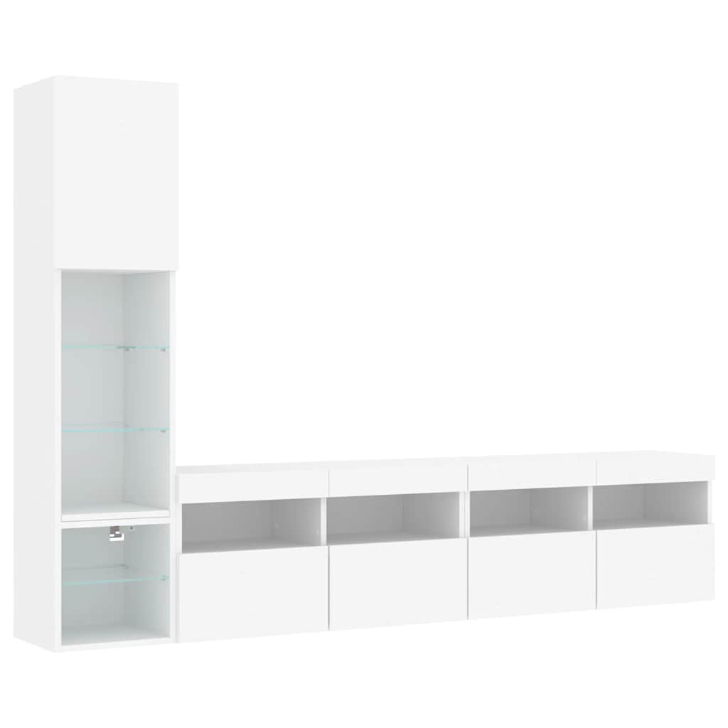 Wall-mounted TV cabinet with LED, 4-piece, white, engineered wood