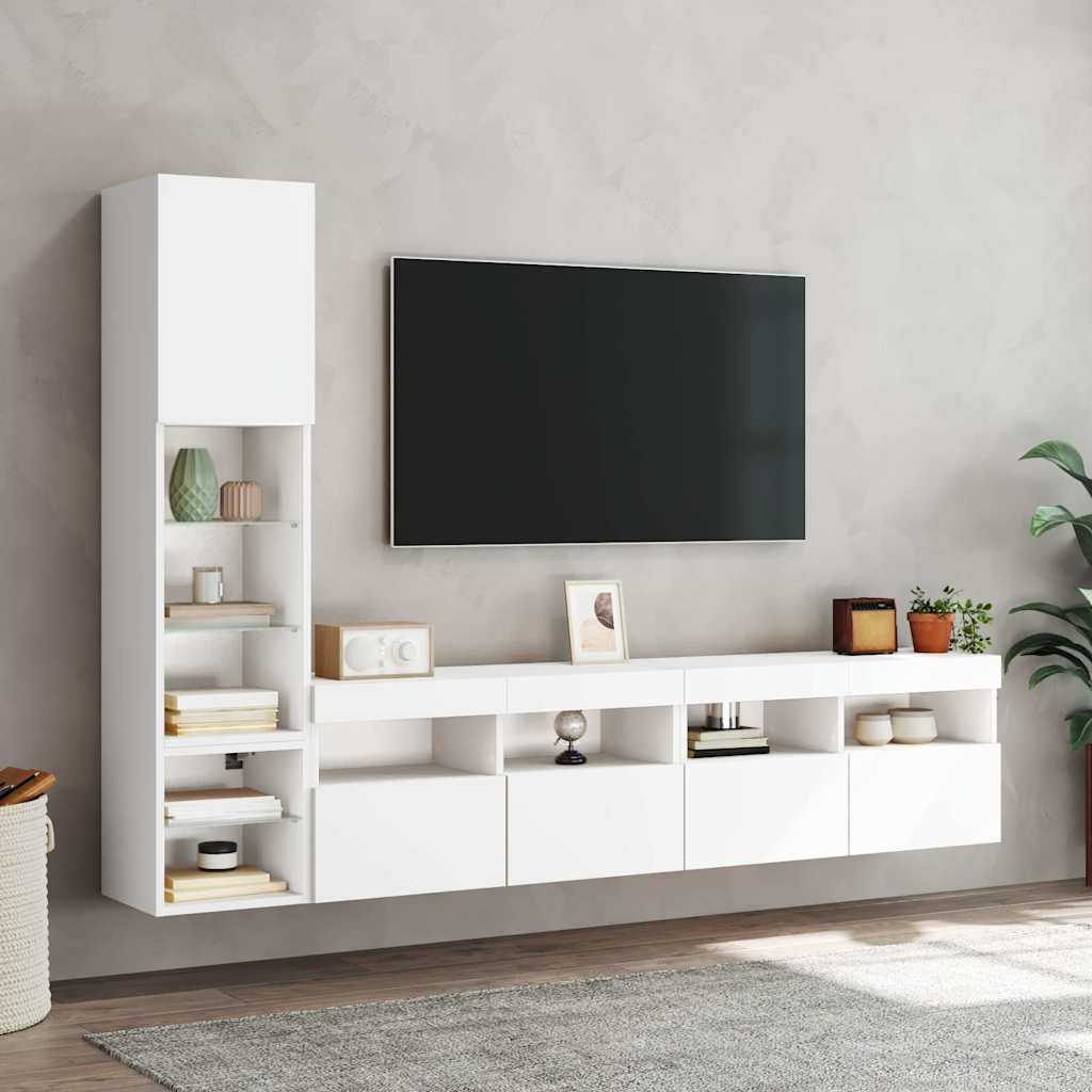 Wall-mounted TV cabinet with LED, 4-piece, white, engineered wood