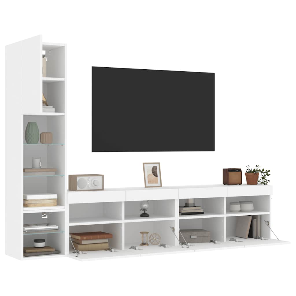 Wall-mounted TV cabinet with LED, 4-piece, white, engineered wood