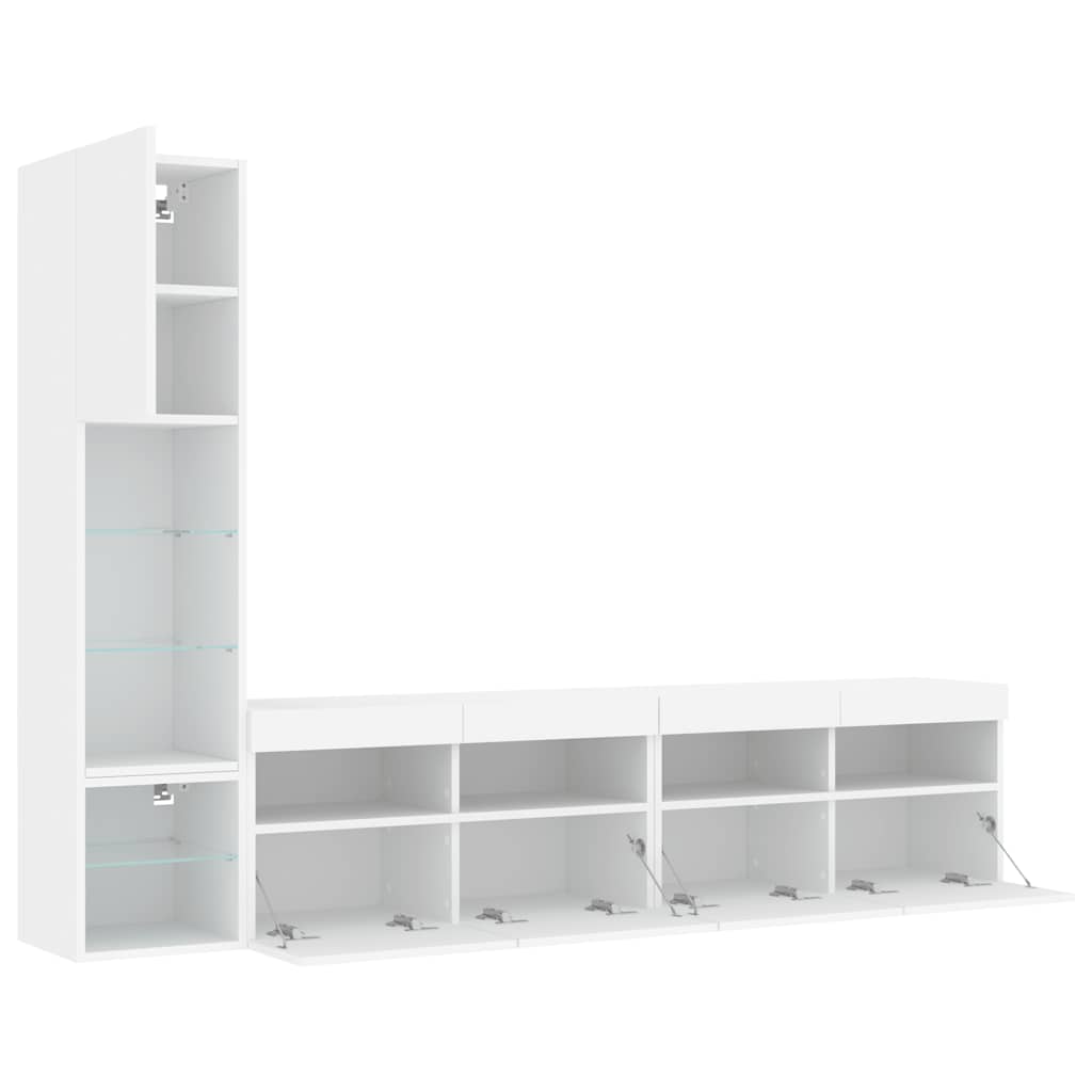 Wall-mounted TV cabinet with LED, 4-piece, white, engineered wood