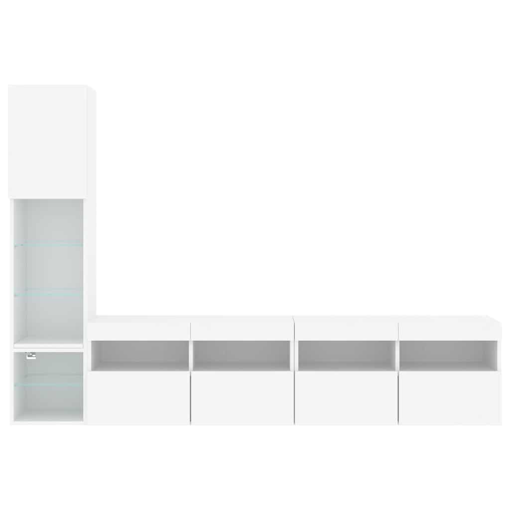 Wall-mounted TV cabinet with LED, 4-piece, white, engineered wood