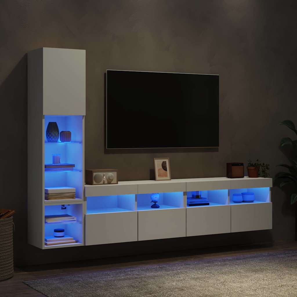 Wall-mounted TV cabinet with LED, 4-piece, white, engineered wood