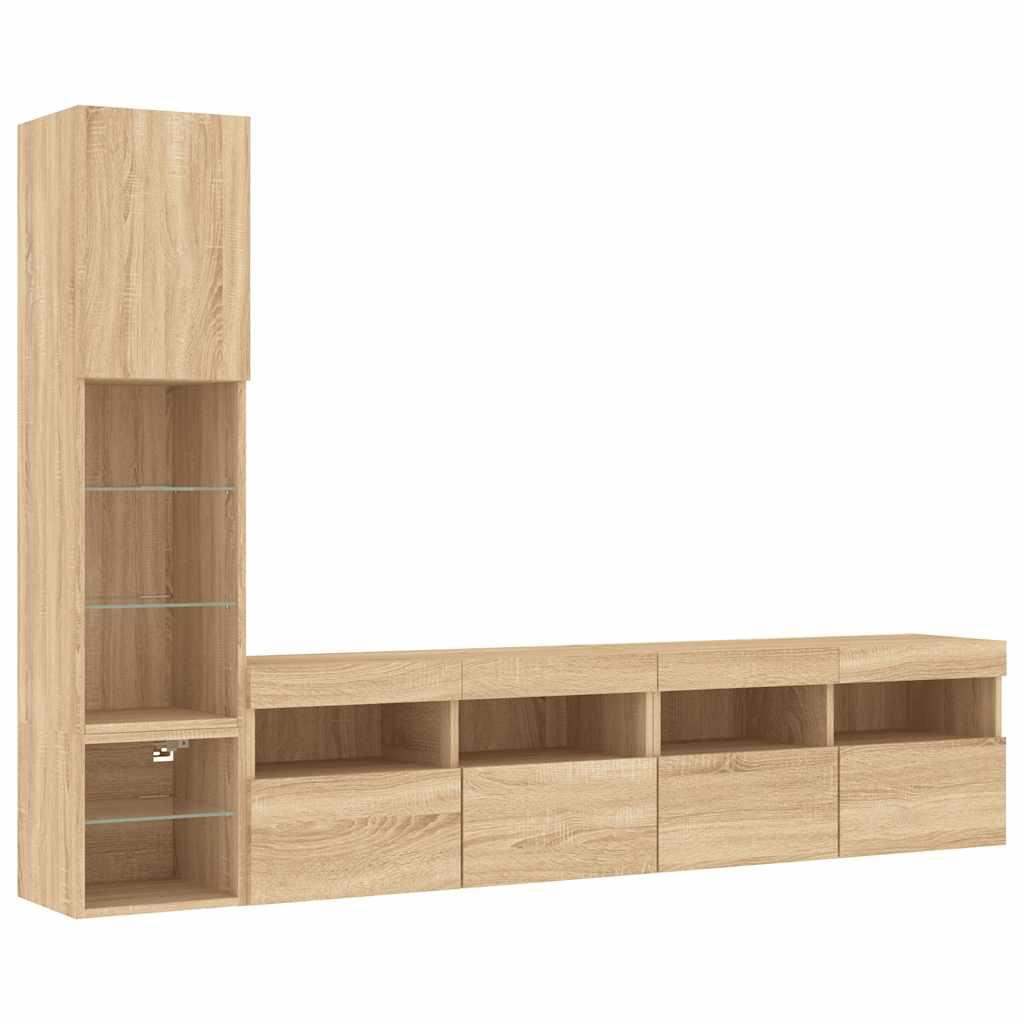 Sieninė TV sekcija su LED, 4 dalių, ąžuolo, apdirbta mediena