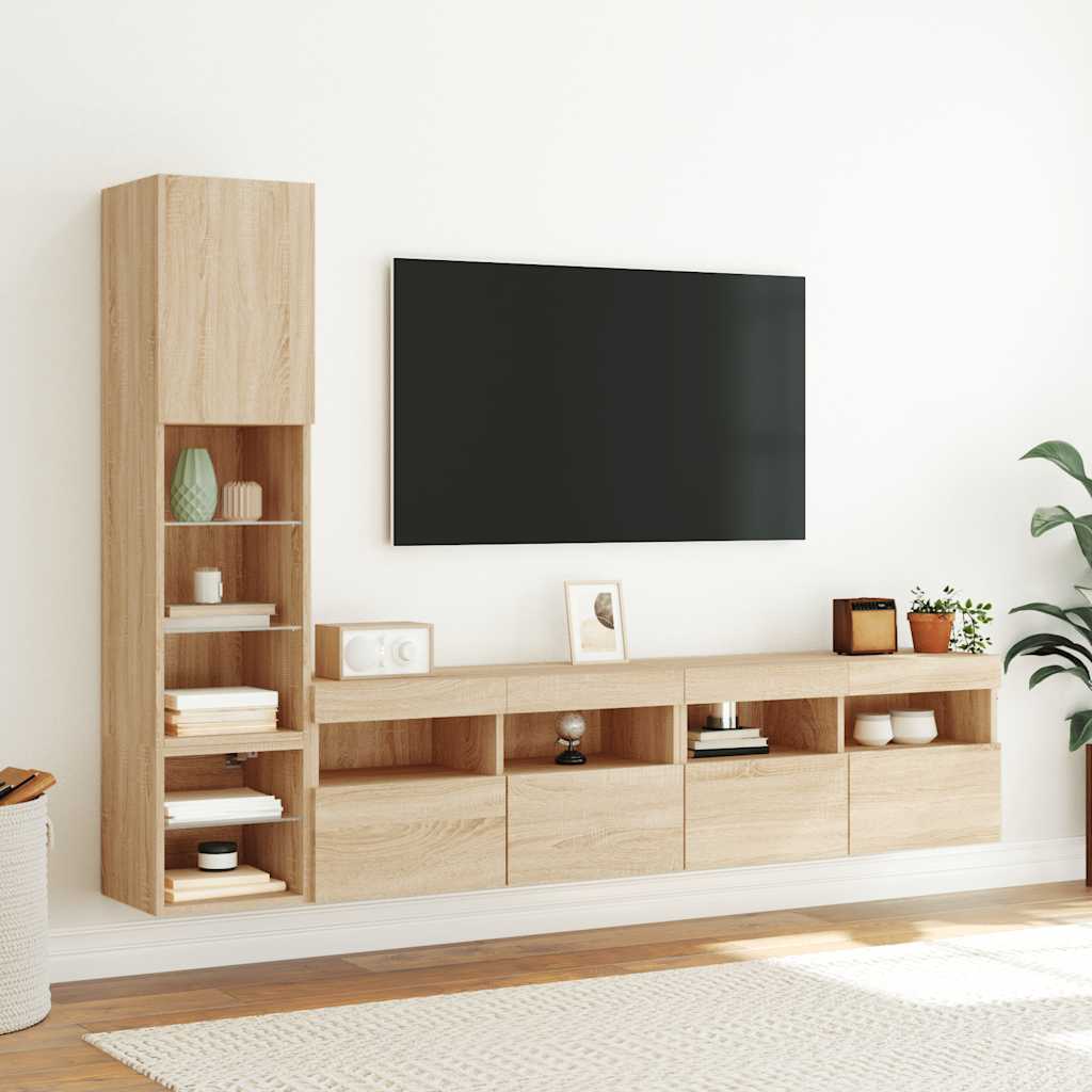 Sieninė TV sekcija su LED, 4 dalių, ąžuolo, apdirbta mediena