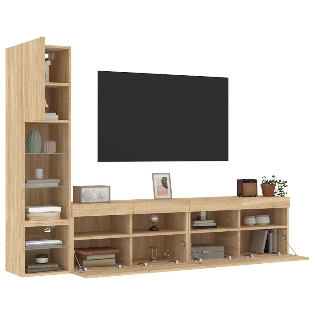 Sieninė TV sekcija su LED, 4 dalių, ąžuolo, apdirbta mediena