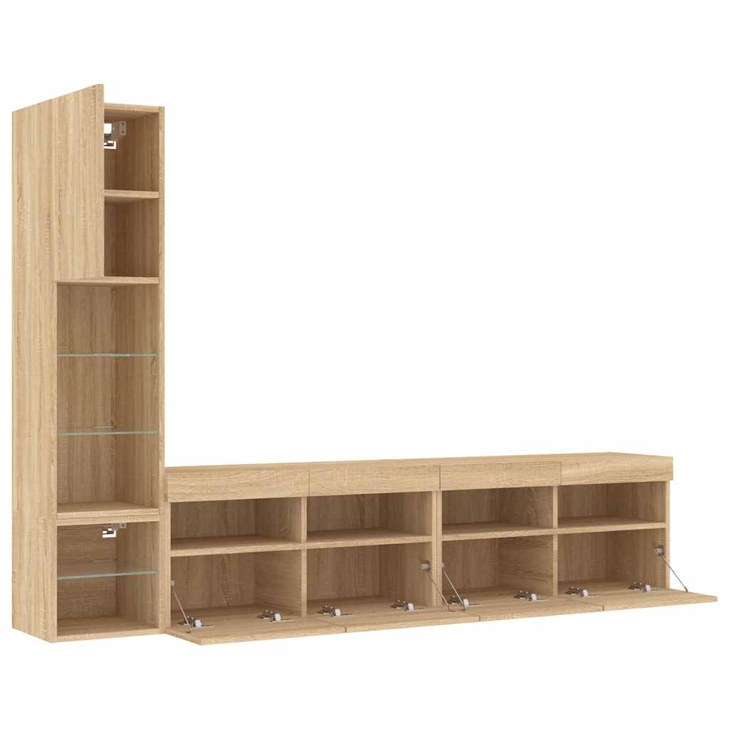 Sieninė TV sekcija su LED, 4 dalių, ąžuolo, apdirbta mediena